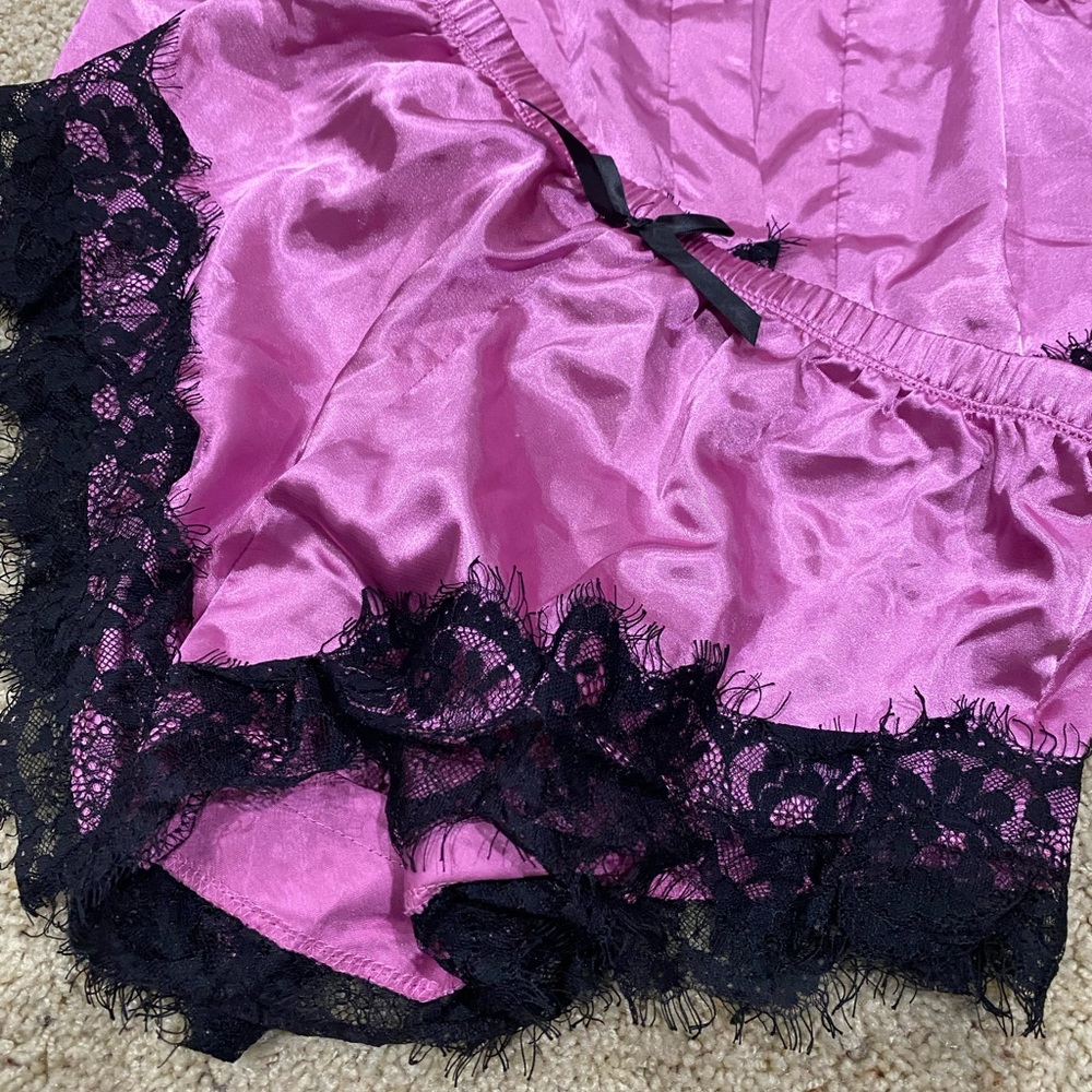 Pink Satin Pajama Set Medium Black Lace Trim Sleepwear Lingerie Set-276 - Picture 2 of 3